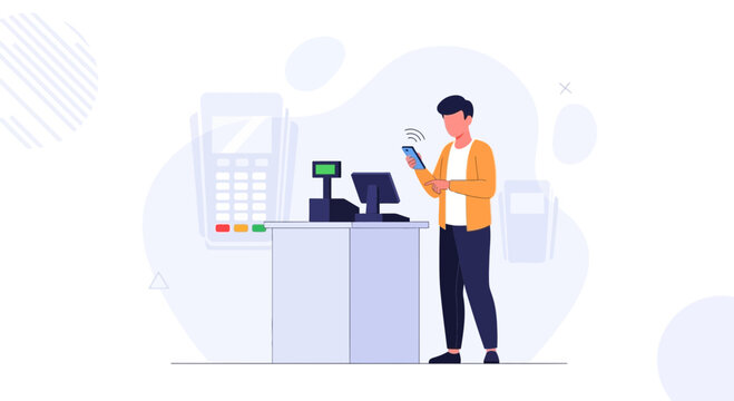 Man making contactless payment with smartphone at checkout counter with POS terminal