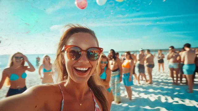 Woman Captures Joyful Beach Party Selfie in Sunlight