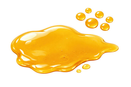 Golden yellow honey puddle and small droplets isolated on a clean white background, perfect for food, sweetness, or natural product designs