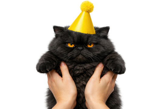 Cute black Persian cat with a yellow party hat and pom-pom, held up by human hands, celebrating a birthday or special occasion, isolated on white background for pet-themed designs.