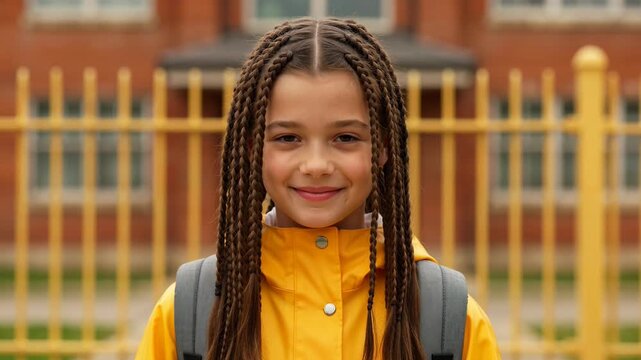 Girl in a yellow coat with pigtails standing outside. A close up portrait reflecting childhood joy. School days, youthful spirit, back to school.
