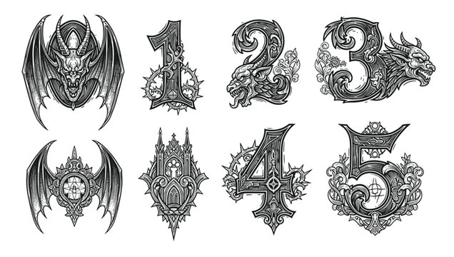 Vintage gothic engraving illustration set featuring skull with wings, gargoyle statues, bat wings, cross, cathedral architecture and crown of thorns.