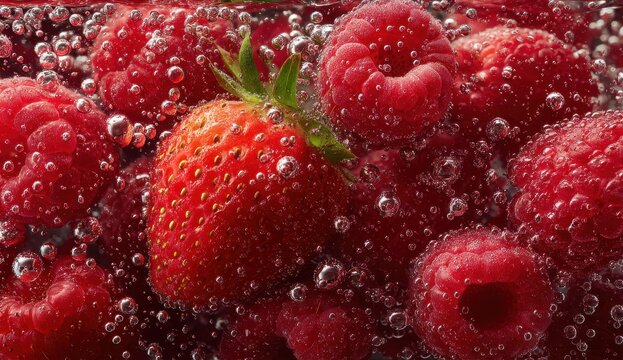 Sparkling Berries - Strawberry and Raspberries in Bubbly Water, Close-Up.