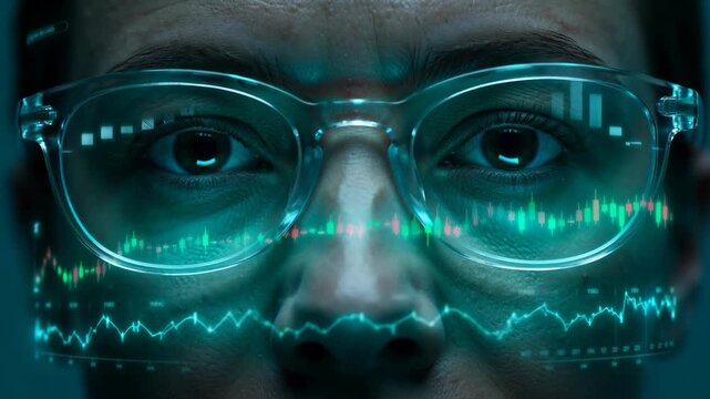 Man with tech glasses looking at stock chart data. A powerful close-up with a futuristic feel. Investment strategy, financial planning, future technology.