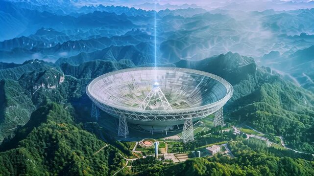 Giant Radio Telescope Emitting Cosmic Through Mountainous Landscape
