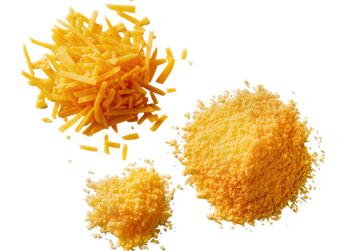 Delicious yellow cheddar cheese, freshly grated and finely powdered, presented in separate piles, isolated on a transparent background PNG