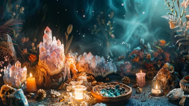 Mystical Crystal Grove Illuminated by Flickering Candles