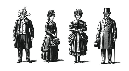 Obraz premium Vintage engraving style illustration set featuring victorian era ladies and gentlemen silhouettes