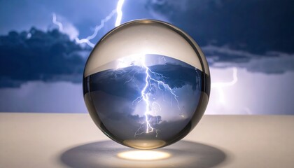 Delicate glass orb capturing a miniature perfectly formed lightning strike during a dramatic thunderstorm