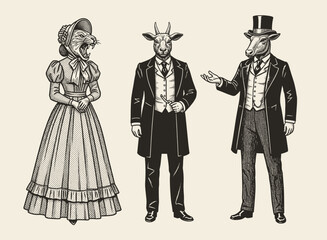 Obraz premium Vintage engraving style illustration set depicting Victorian era ladies and gentlemen silhouettes with classic historical fashion and elegant retro character design.