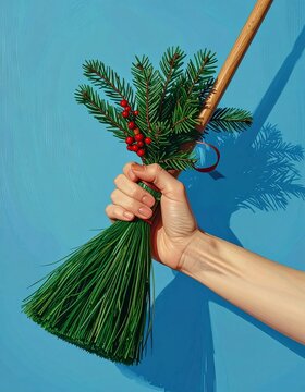 Hand holding a festive broom made of pine needles and fir branches with red berries against a vibrant blue background.