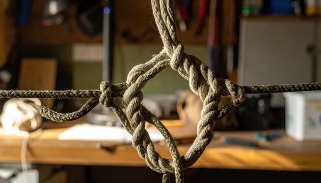 Intricate knot expertly tied in durable paracord, showcasing complex binding techniques for secure attachments