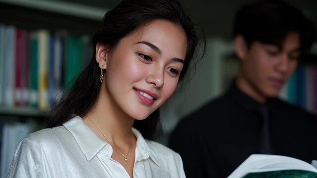 Young Woman Smiling While Reading Book in Library