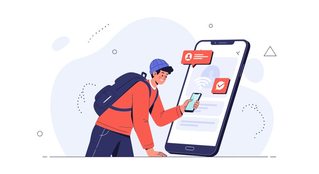 Young man with backpack using smartphone near giant mobile phone screen