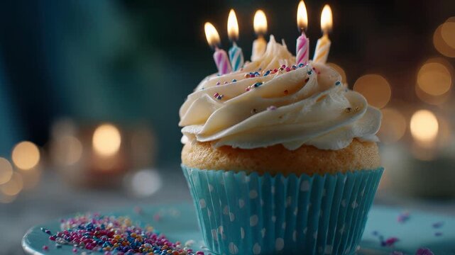 Birthday Cupcake with Lit Candles in Festive Celebration