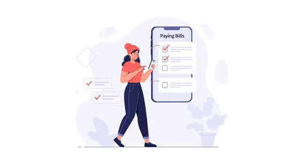 Obraz premium Woman paying bills online on smartphone, checklist and to-do list concept