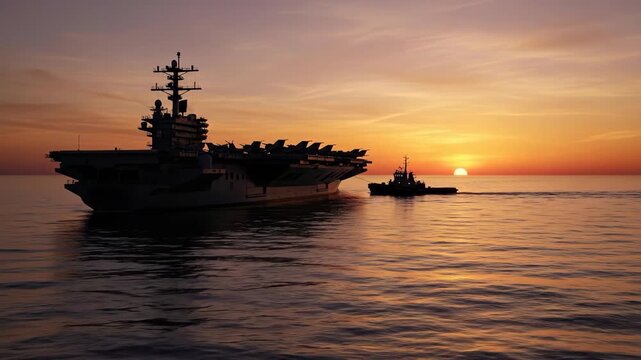 Aircraft carrier silhouette cruising open sea at sunset with support tugboat and golden sky
