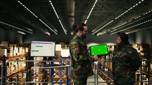 Chroma key on laptop near army soldiers team operating in warehouse for defense operations, ensuring supply chain coordination for national security. Operational management and logistics.