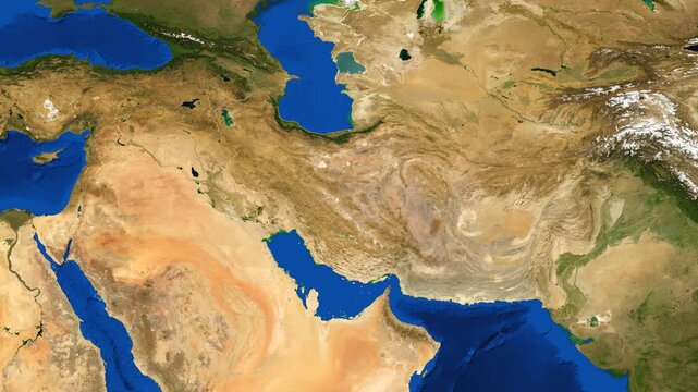 Iran satellite zoom over Earth with cinematic orbital view showing detailed geography, atmospheric depth and realistic terrain transition for documentary, education and space visuals.
