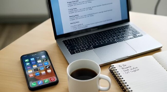 Work from home setup with laptop, phone, coffee and to do list