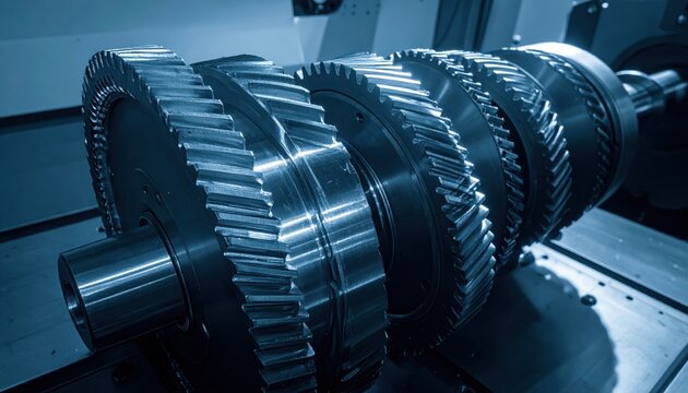 Intricate Row of Precision Metal Gears and Sprockets in Industrial Machinery Assembly