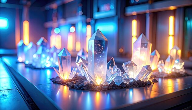 Luminous crystalline structures with internal light in a modern, illuminated setting