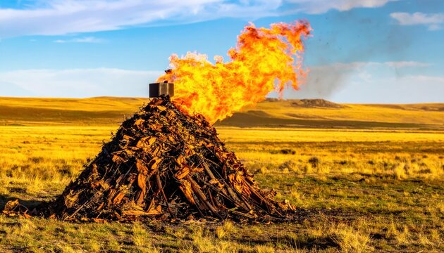 Massive natural gas flare burning intensely atop a pile of dry fuel in an open field under a vast sky