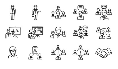 Fototapeta premium Business team outline icons vector corporate professionals and teamwork set
