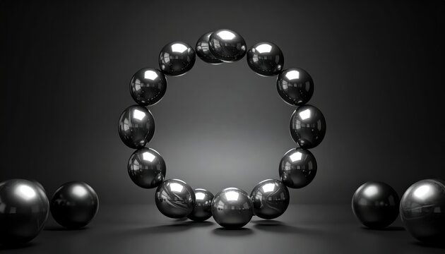 Polished dark hematite spheres arranged in a perfect concentric circle showcasing metallic lustre and geometric precision