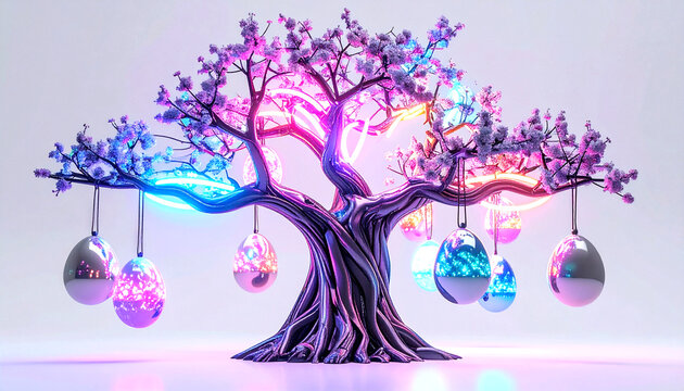 Vibrant neon tree with glowing easter eggs