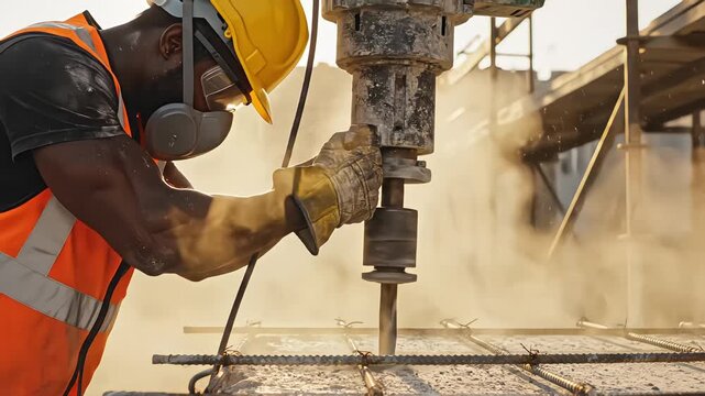 African American construction worker using a heavy duty rotary hammer drill on a concrete slab with steel rebar wearing personal protective equipment at a building site