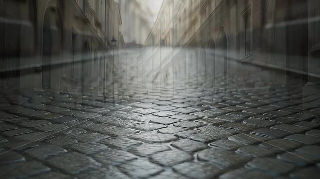 Cobblestone Street with Buildings in the Background, Reflective and Moody Ambiance
