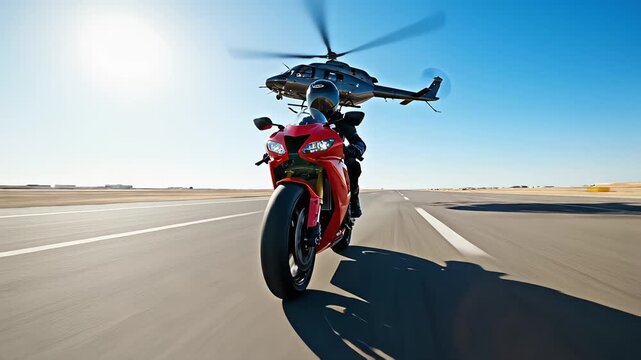 Cinematic action shot of a red sports motorcycle speeding on an empty runway followed closely by a low flying helicopter under a clear blue sky