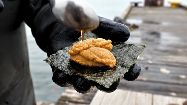 Fresh Sea Urchin Uni Being Harvested and Served on a Dock With Soy Sauce by Person in Protective Gear