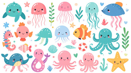 Fototapeta premium Collection of Cute Marine Life Vector Illustrations Featuring Pufferfish Jellyfish Clownfish Seahorse Octopus and Starfish with Happy Faces