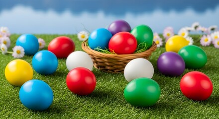 Obraz premium Colorful Easter Eggs in a Basket on Green Grass with Flowers colorful eggs