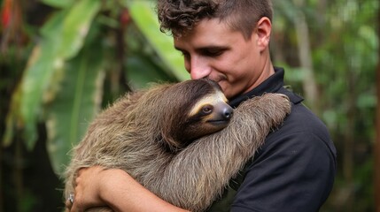 Fototapeta premium Man holding a three-toed sloth in a tropical setting