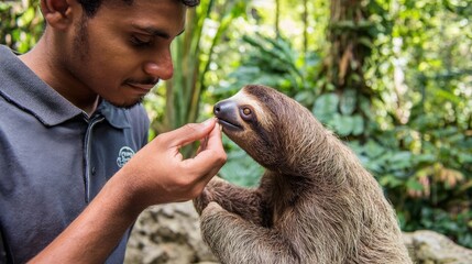 Fototapeta premium Man feeding a sloth in a tropical forest