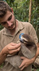 Fototapeta premium Man holding and feeding a two-toed sloth in rainforest sanctuary