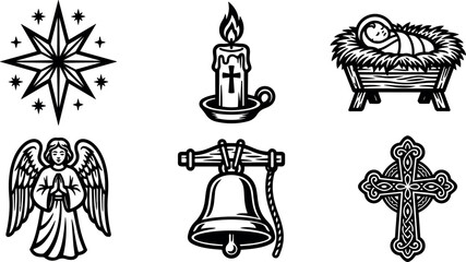 Naklejka premium Black and white vector art of nativity star candle baby jesus angel bell and ornate cross with religious christian christmas theme