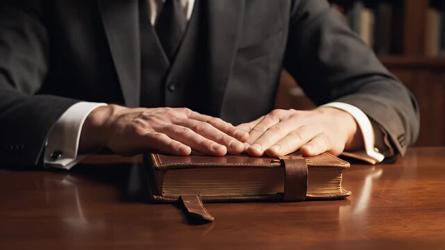 POV Close Up Hands In A Suit Closing An Old Leather Bound Book Decisively On A Wooden Desk With Bookshelves In The Background Dramatic Lighting