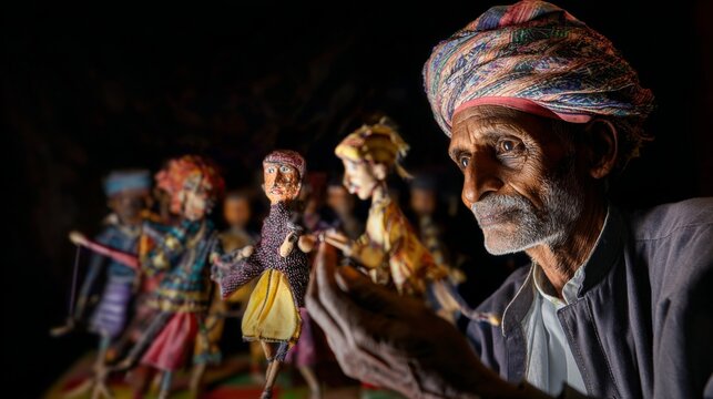 Elderly puppeteer holding traditional Rajasthani string puppet under dramatic light