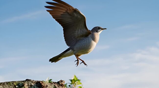 A northern mockingbird in flight against a clear blue sky background