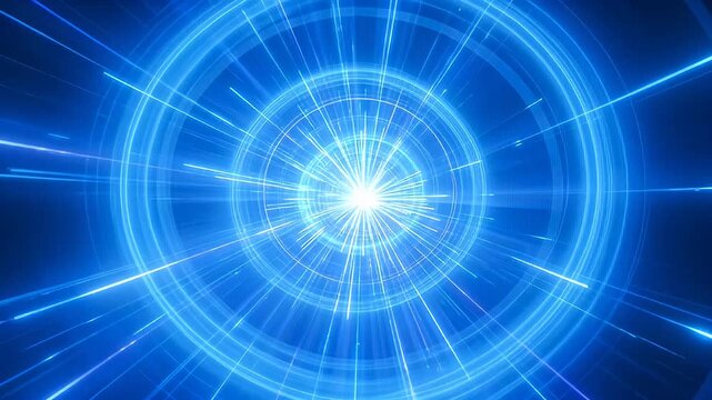 Abstract glowing blue vortex tunnel background with radiating light streaks emanating forward