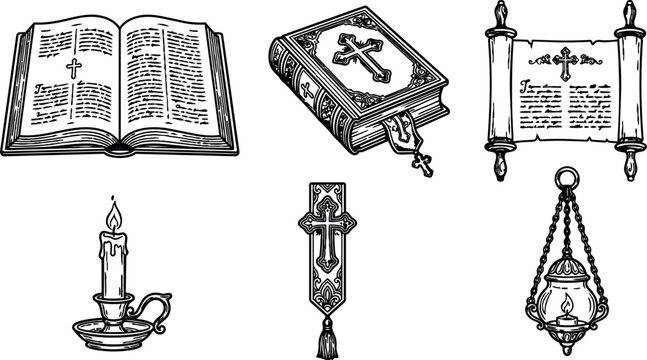 Black and white religious vintage style detailed vector illustration set with open bible cross book candle scroll and lantern