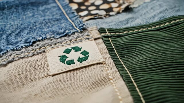 Close up pan of upcycled patchwork fabric featuring different textures like denim and green corduroy with an embroidered recycling symbol label promoting sustainable fashion