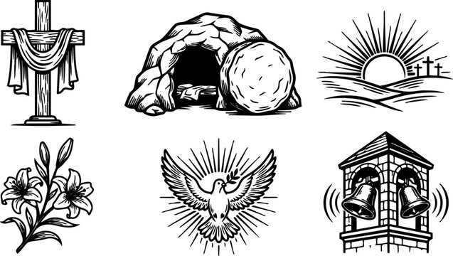 Black and white vector art of empty tomb cross sunrise dove lily flowers and ringing bell in religious scene of easter celebration symbols