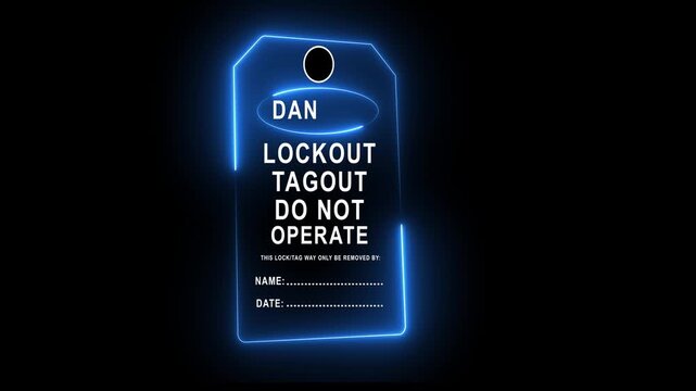 Lockout tagout safety sign hangs on industrial machinery belts to prevent operation and ensure worker protection. Exclamation symbol, danger Text ...