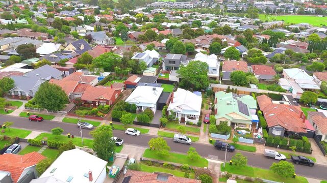10 March 2026 Panoramic Aerial Drone view of Inner Suburbs of Melbourne housing, roof tops, the streets and the parks, the roads and trees of Ascot Vale Moonee Ponds Essendon VIC Australia