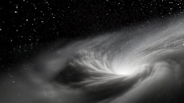 Abstract cosmic spiral vortex made of countless bright white dust particles forming a rotating galaxy pattern around a luminous center, dense star clusters and scattered technology